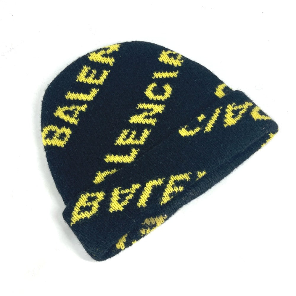 BALENCIAGA Knit hat 555282 wool black Logo all-over pattern mens Used Authentic
