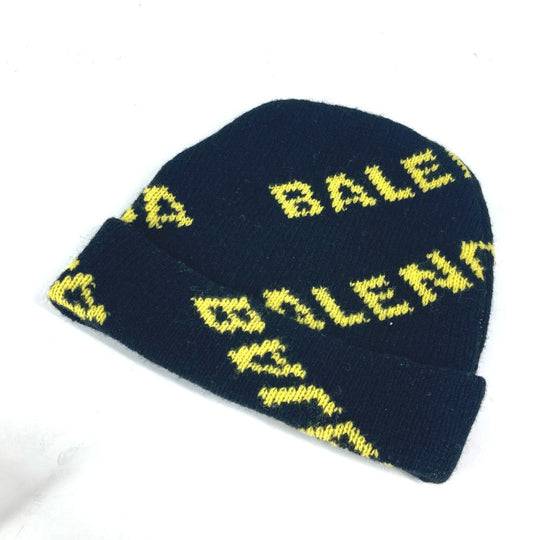 BALENCIAGA Knit hat 555282 wool black Logo all-over pattern mens Used Authentic