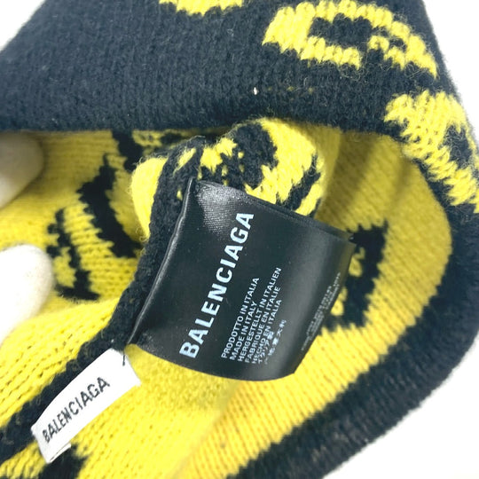 BALENCIAGA Knit hat 555282 wool black Logo all-over pattern mens Used Authentic