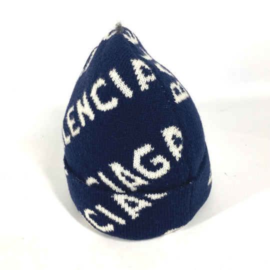 BALENCIAGA Knit hat 633717 wool Navy By color logo mens Used Authentic