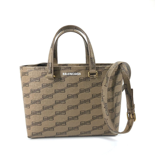 BALENCIAGA Tote Bag 702699 leather beige shoulder bag BB total logo Women Used Authentic