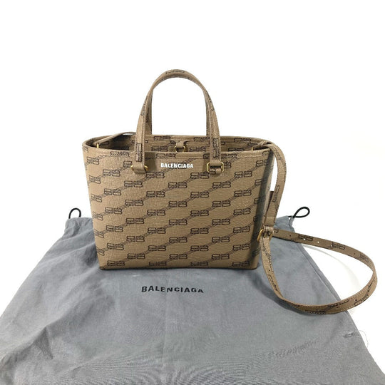 BALENCIAGA Tote Bag 702699 leather beige shoulder bag BB total logo Women Used Authentic