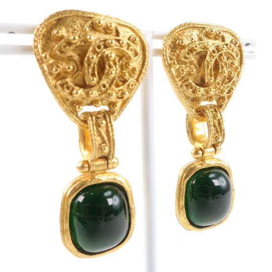 CHANEL Earring Plated Gold gold vintage Green stone Women Used Authentic