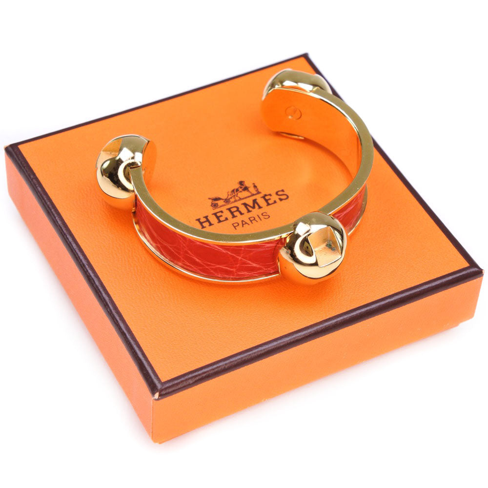 HERMES Bangle Metal leather gold Women Used Authentic