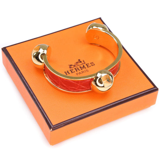 HERMES Bangle Metal leather gold Women Used Authentic