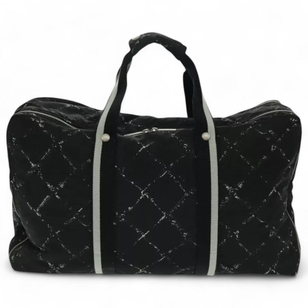 Chanel Travel Line Boston Bag Nylon Black Silver Unisex Large Tote Travel Bag