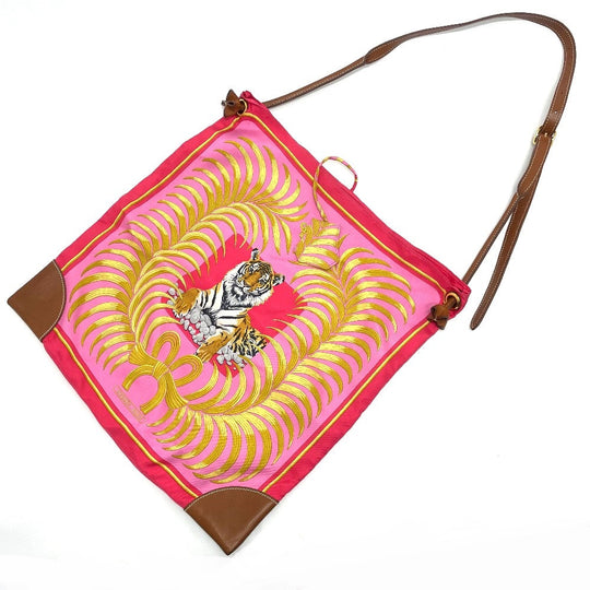 HERMES Shoulder Bag Silk / leather Pink type Tiger pattern silky city GM Women Used Authentic