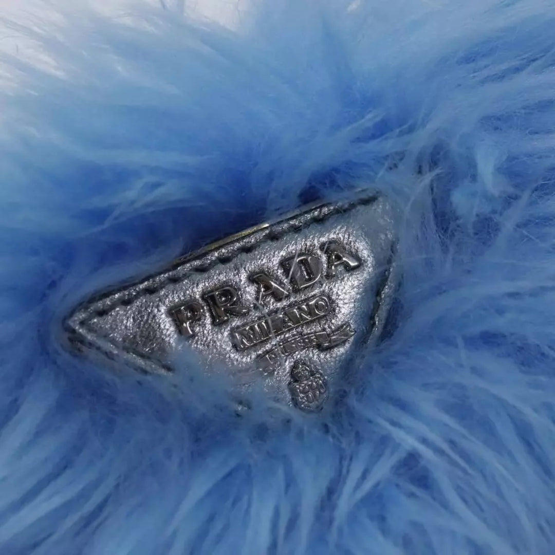 Prada Clutch Bag Eco Pelliccia Azzurro Blue Silver Fur Handbag Women Made in Italy