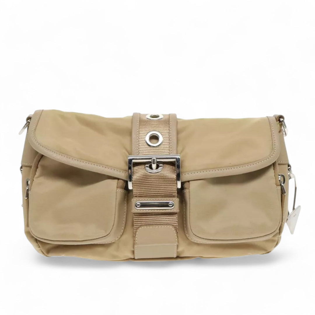 Prada Shoulder Nylon Bag Beige Silver Women