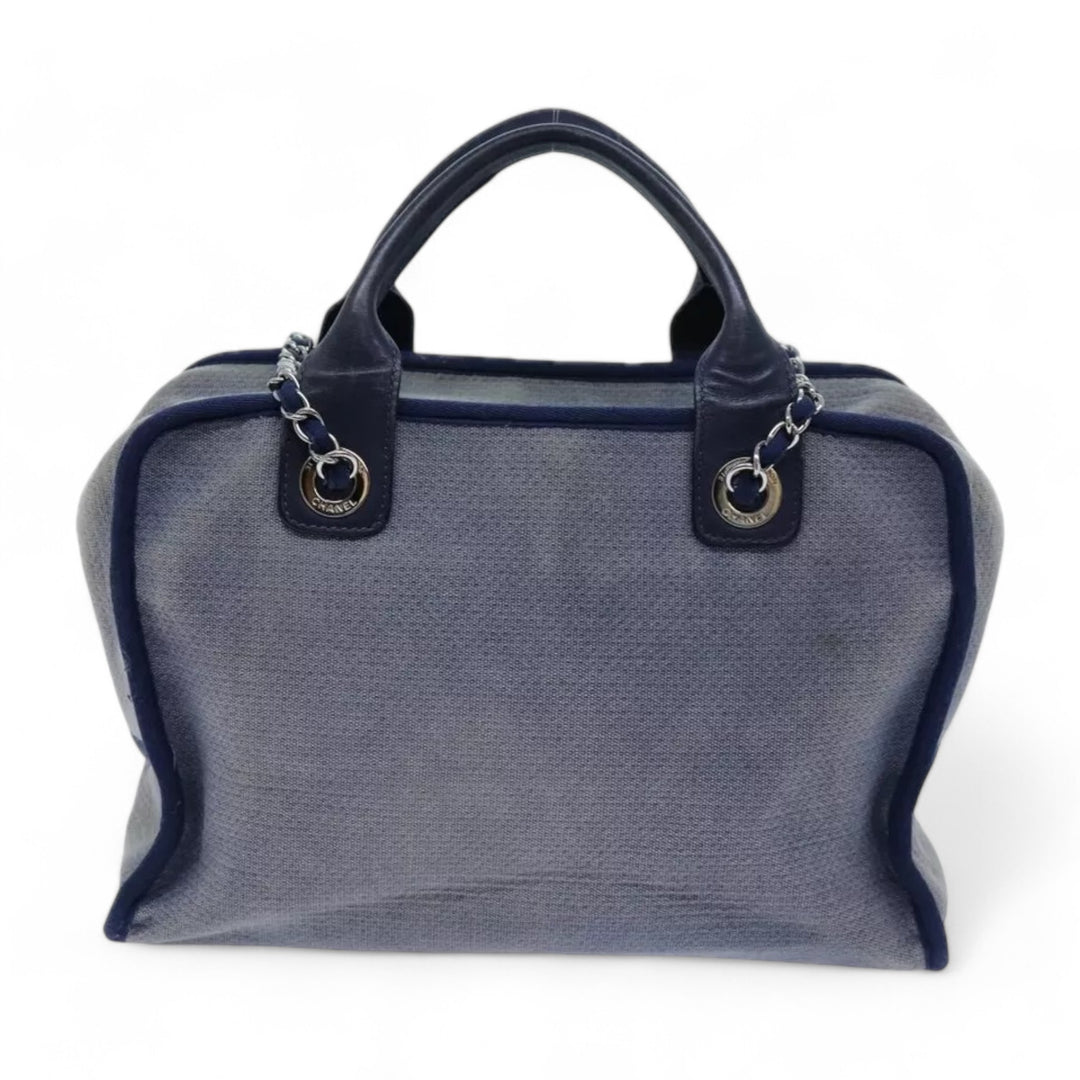 Chanel Deauville Shoulder Bag Canvas Navy Blue Women Handbag Chain Strap