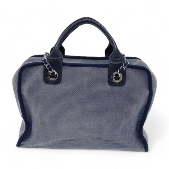 Chanel Deauville Shoulder Bag Canvas Navy Blue Women Handbag Chain Strap