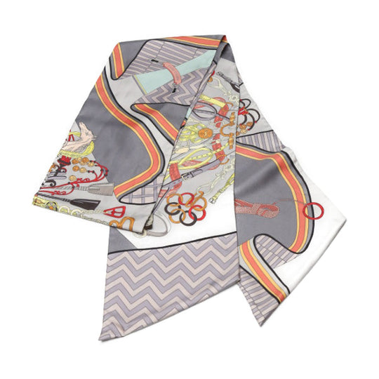 HERMES scarf silk gray cravat type silk Carre90 equestrian harness Women Used Authentic