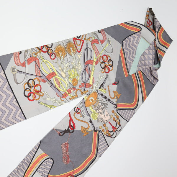HERMES scarf silk gray cravat type silk Carre90 equestrian harness Women Used Authentic