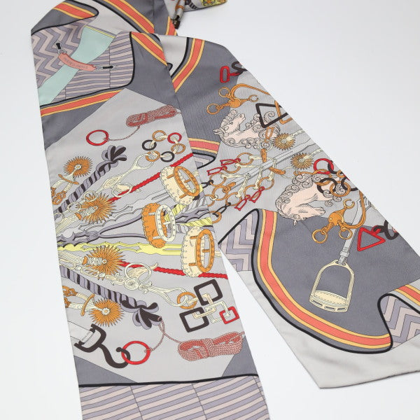 HERMES scarf silk gray cravat type silk Carre90 equestrian harness Women Used Authentic