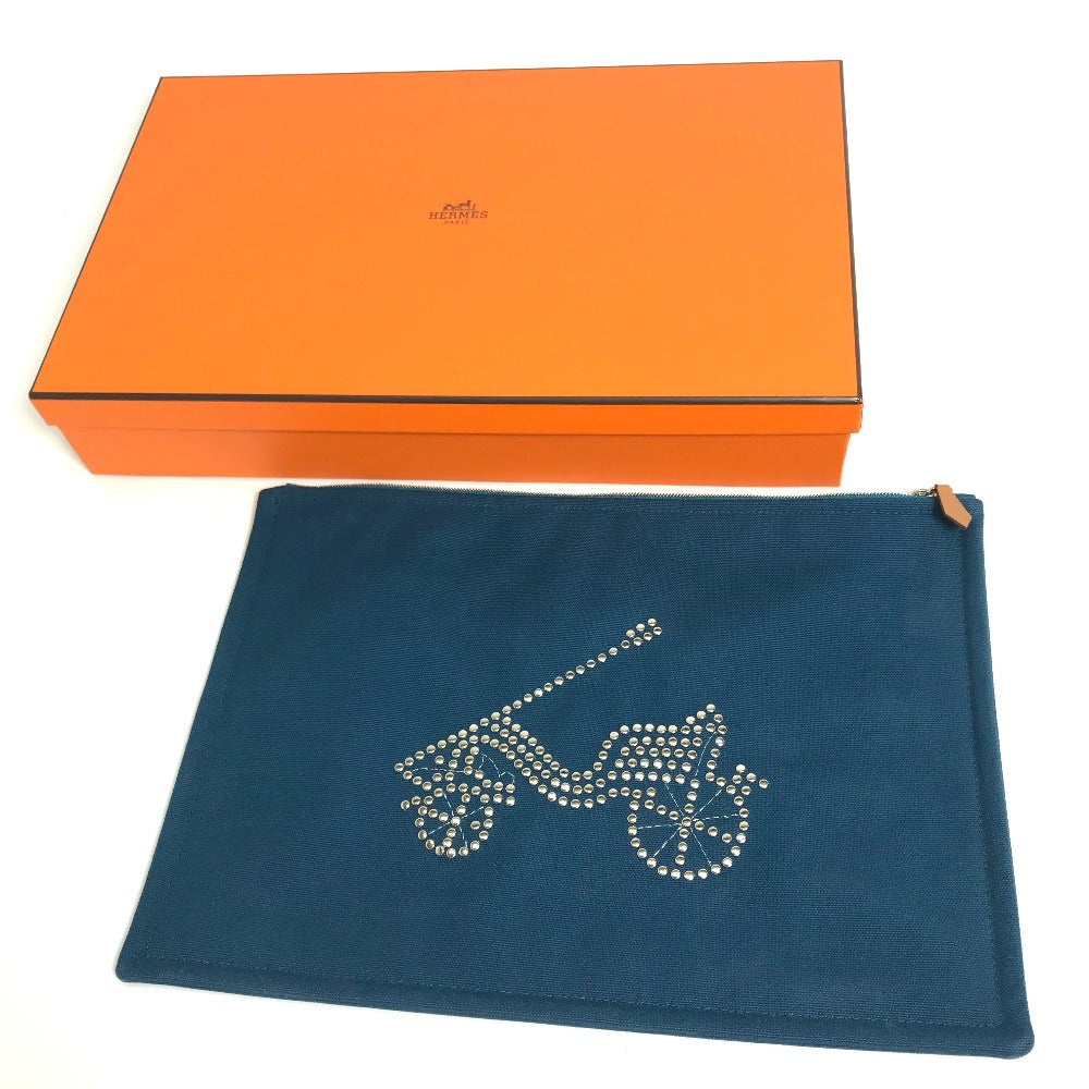 HERMES Pouch canvas Blue type bicycle studs velocipedist unisex(Unisex) Used Authentic