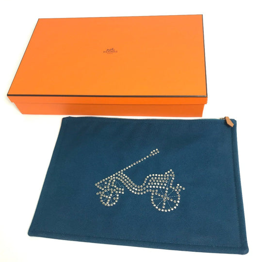 HERMES Pouch canvas Blue type bicycle studs velocipedist unisex(Unisex) Used Authentic