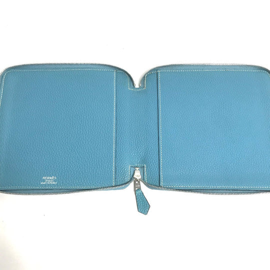 HERMES Pouch leather blue CD DVD case Women Used Authentic