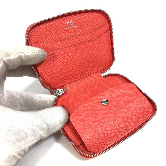 HERMES Coin case Silk, Epsom pink Bifold Coin Pocket Wallet Soy cool flamingo party Women Used Authentic