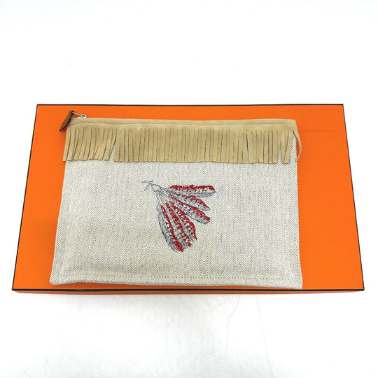 HERMES Pouch canvas beige Makeup pouch Cosmetics Pouch Truth Flat Teepee Women Used Authentic
