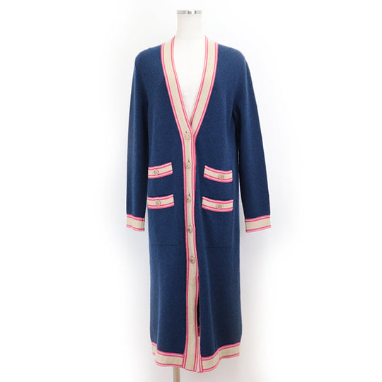 CHANEL cardigan [Outer material] 100% cashmere Navy Pink Beige P62918 Women 36 Used Authentic