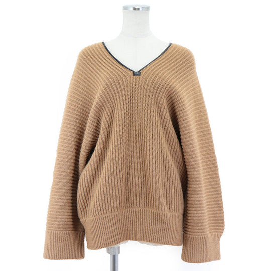 HERMES knit 100% camel deerskin caramel Pullover Sweater Ribbed Tops Long Sleeve Leather piping V-neck knit Women 42 Used Authentic