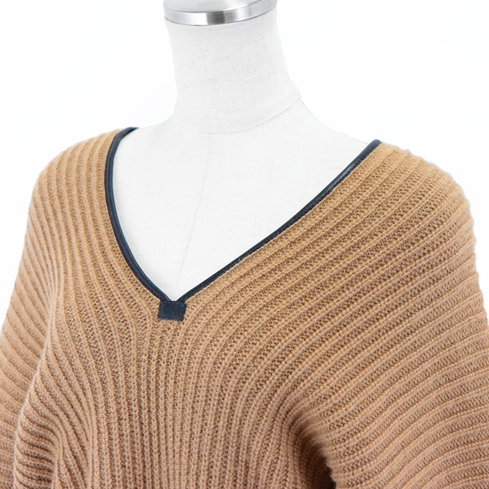 HERMES knit 100% camel deerskin caramel Pullover Sweater Ribbed Tops Long Sleeve Leather piping V-neck knit Women 42 Used Authentic