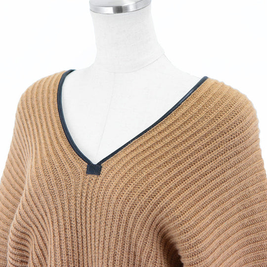 HERMES knit 100% camel deerskin caramel Pullover Sweater Ribbed Tops Long Sleeve Leather piping V-neck knit Women 42 Used Authentic