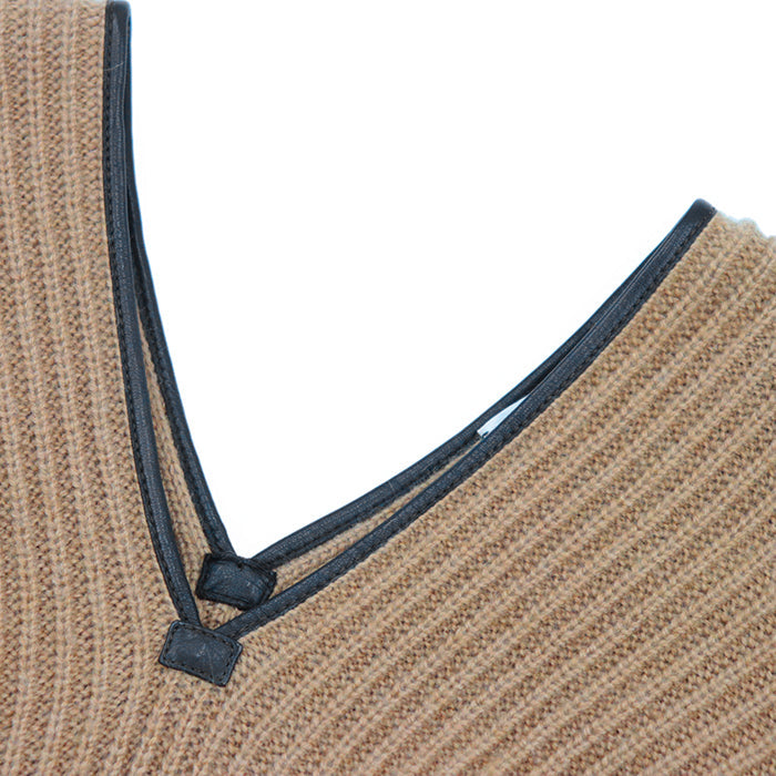 HERMES knit 100% camel deerskin caramel Pullover Sweater Ribbed Tops Long Sleeve Leather piping V-neck knit Women 42 Used Authentic