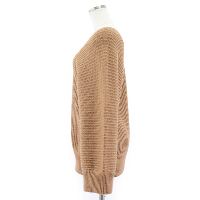 HERMES knit 100% camel deerskin caramel Pullover Sweater Ribbed Tops Long Sleeve Leather piping V-neck knit Women 42 Used Authentic