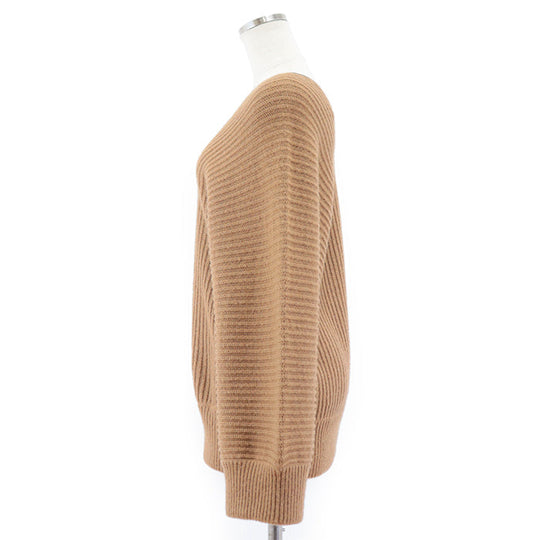 HERMES knit 100% camel deerskin caramel Pullover Sweater Ribbed Tops Long Sleeve Leather piping V-neck knit Women 42 Used Authentic