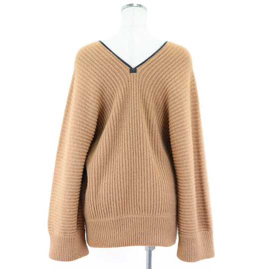 HERMES knit 100% camel deerskin caramel Pullover Sweater Ribbed Tops Long Sleeve Leather piping V-neck knit Women 42 Used Authentic