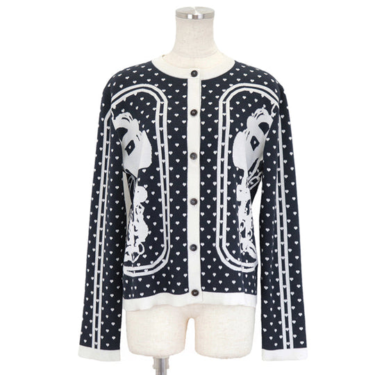 HERMES knit 47% cashmere, 47% silk White black cardigan Women 40 Used Authentic