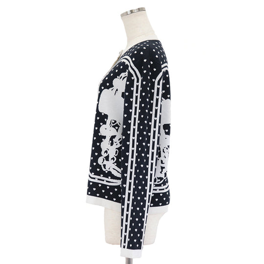 HERMES knit 47% cashmere, 47% silk White black cardigan Women 40 Used Authentic