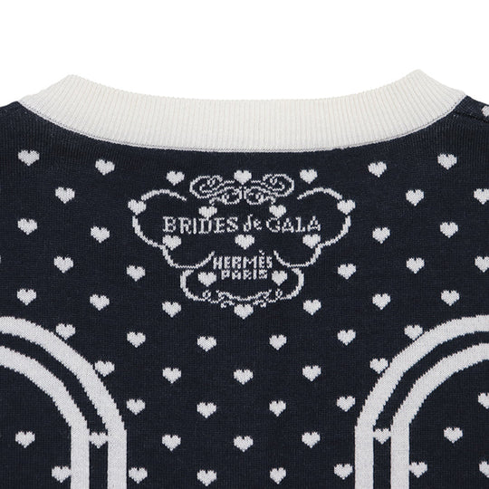 HERMES knit 47% cashmere, 47% silk White black cardigan Women 40 Used Authentic