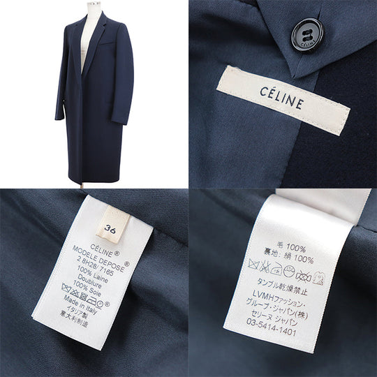 CELINE coat [Outer material] 100% wool [Lining] 100% silk Navy 2 8H28/7165 Women 36 Used Authentic