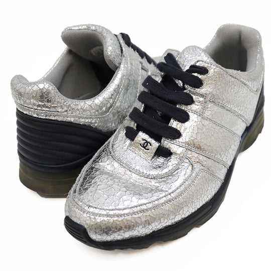 CHANEL sneakers leather Silver navy G31712 mens 42 Used Authentic