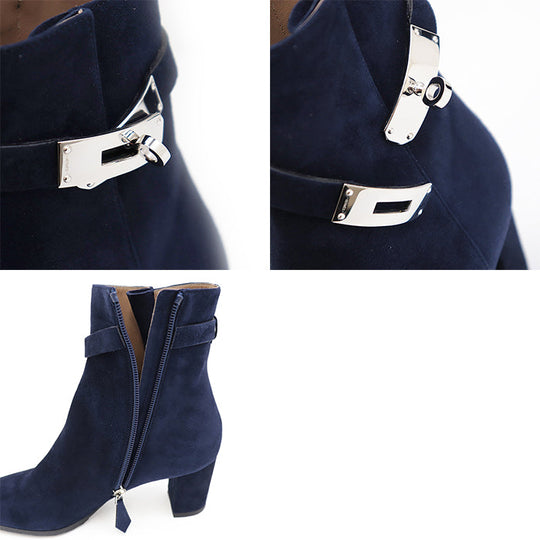 HERMES boots leather Navy Kelly Women 36 Used Authentic