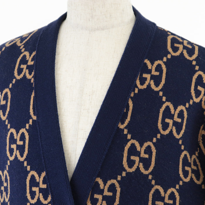 GUCCI cardigan [Outer material] 97% wool, 2% nylon Navy beige green mens L Used Authentic