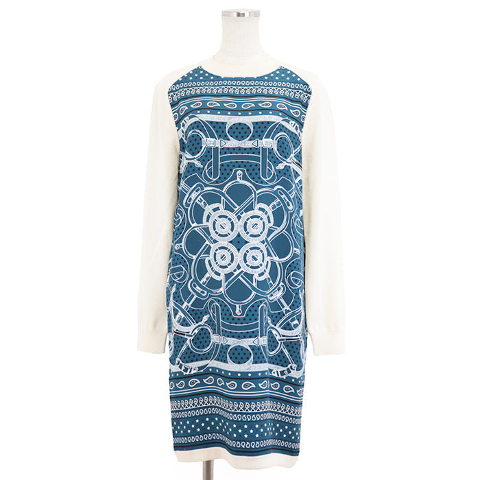 HERMES one piece 100% silk, 100% wool blue Women 36 Used Authentic