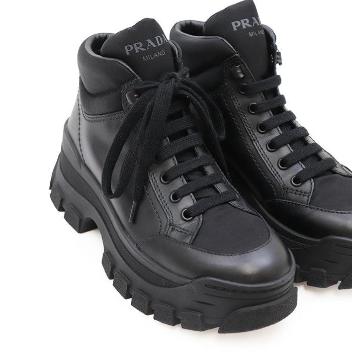 PRADA sneakers 1T917L leather black combat boots Women  37 Used Authentic