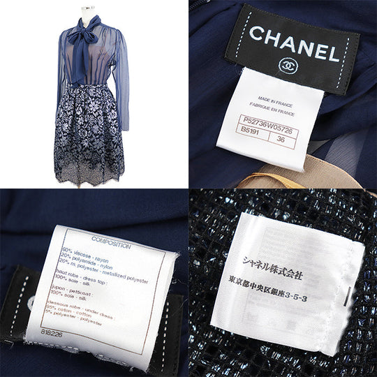 CHANEL one piece 60% rayon, 20% nylon, Underdress: 95% cotton, 5% polyester Petticoat: 100% silk Navy P52736 Women 36 Used Authentic
