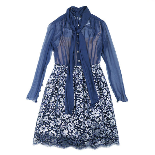 CHANEL one piece 60% rayon, 20% nylon, Underdress: 95% cotton, 5% polyester Petticoat: 100% silk Navy P52736 Women 36 Used Authentic