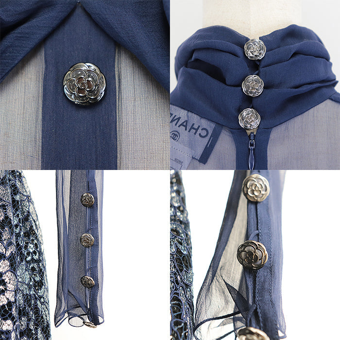 CHANEL one piece 60% rayon, 20% nylon, Underdress: 95% cotton, 5% polyester Petticoat: 100% silk Navy P52736 Women 36 Used Authentic