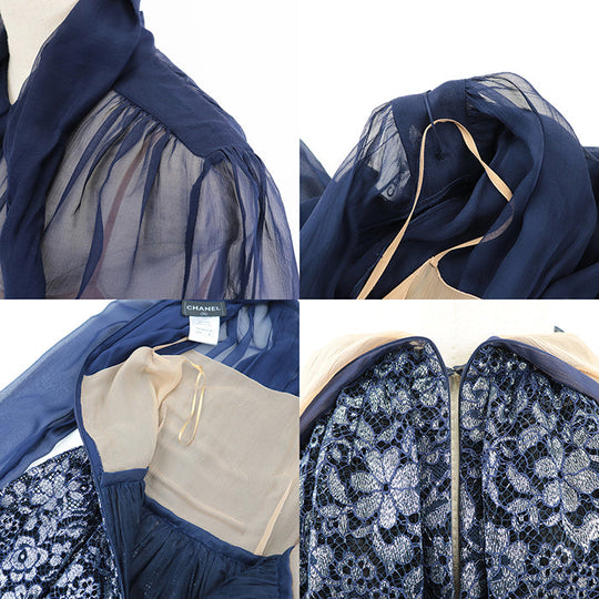 CHANEL one piece 60% rayon, 20% nylon, Underdress: 95% cotton, 5% polyester Petticoat: 100% silk Navy P52736 Women 36 Used Authentic