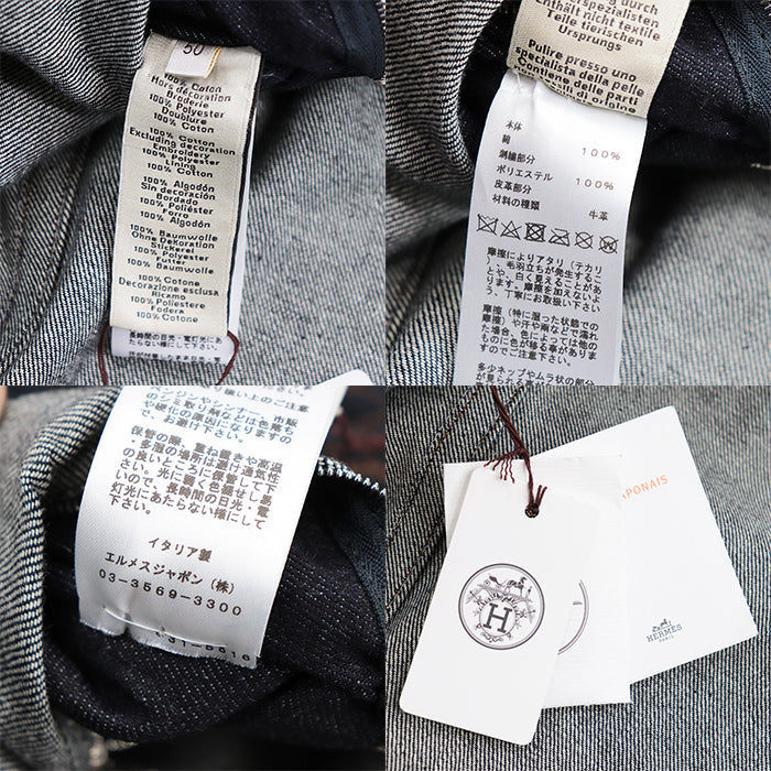 HERMES Other outerwear 100% cotton, embroidered part: 100% polyester [leather part] cowhide Indigo Jacket mens 50 Used Authentic