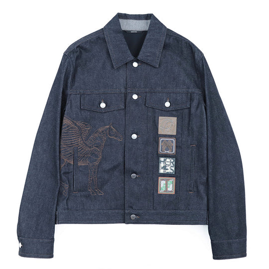 HERMES Other outerwear 100% cotton, embroidered part: 100% polyester [leather part] cowhide Indigo Jacket mens 50 Used Authentic