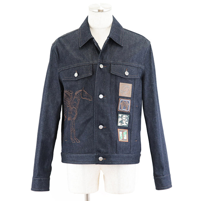 HERMES Other outerwear 100% cotton, embroidered part: 100% polyester [leather part] cowhide Indigo Jacket mens 50 Used Authentic