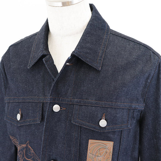 HERMES Other outerwear 100% cotton, embroidered part: 100% polyester [leather part] cowhide Indigo Jacket mens 50 Used Authentic