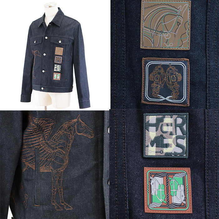 HERMES Other outerwear 100% cotton, embroidered part: 100% polyester [leather part] cowhide Indigo Jacket mens 50 Used Authentic