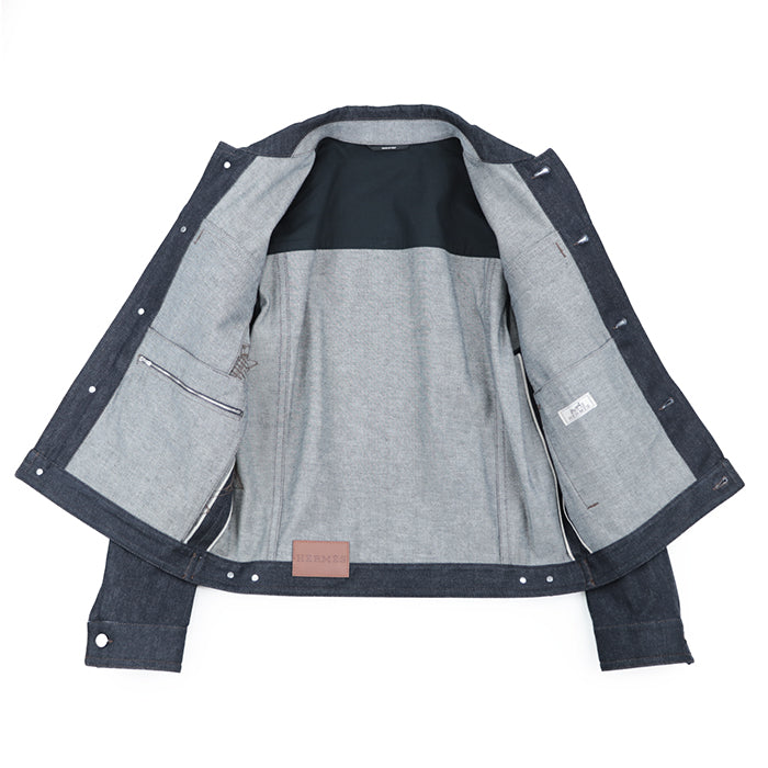 HERMES Other outerwear 100% cotton, embroidered part: 100% polyester [leather part] cowhide Indigo Jacket mens 50 Used Authentic